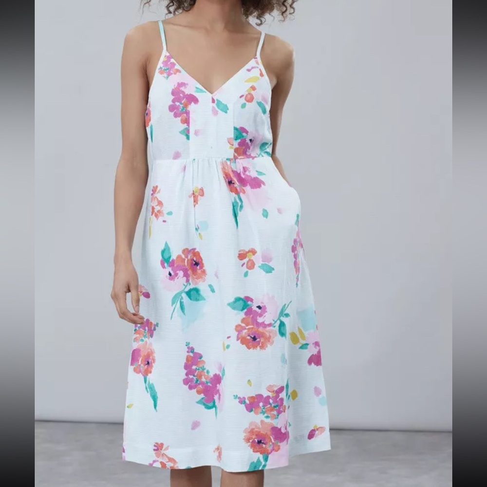 NWT Joules Zoey V Neck Floral Strappy Midi Dress Aqua Stripe Rose